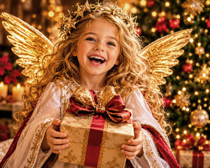 Obraz premium Strahlendes Christkind hält ein Weihnachtsgeschenk vor festlichem Christbaum und symbolisiert Freude, Hoffnung und traditionelle deutsche Weihnachten.