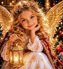 Obraz premium Freundliches Christkind mit Laterne und goldenen Flügeln verkörpert Wärme, Hoffnung und die festliche Atmosphäre deutscher Weihnachten.