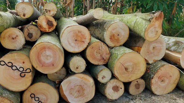 Selective focus. Footage of many logs are laid in row. Wood for firewood in fireplace.
