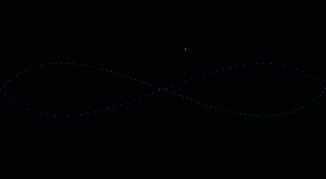 Abstract infinity symbol animation with pulsing neon light particles on animation black background