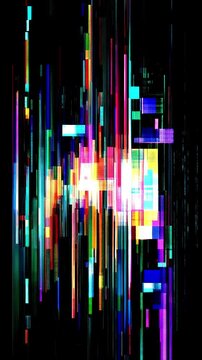 Colorful glitch effect animation in vertical format, dynamic digital distortion video featuring vibrant RGB noise, futuristic technology aesthetics and modern visual effects