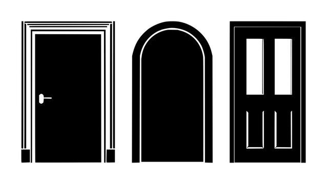 Front door icon set with simple solid black outline on white background featuring door, entrance, architecture with symbol and illustration