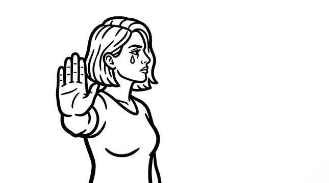 Line art vector illustration of a crying woman showing stop sign hand gesture to end violence against women
