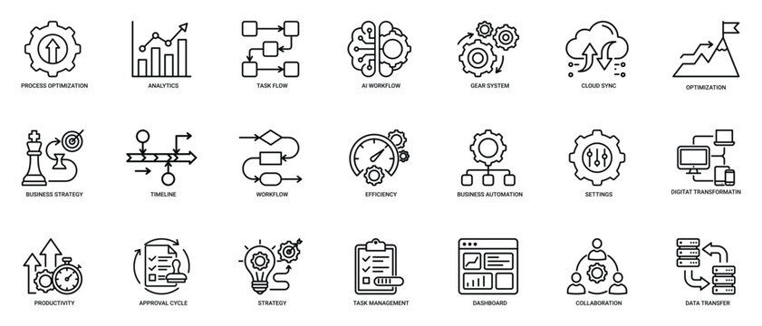 Business workflow and process optimization line icons set automation analytics vector