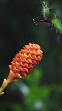 Two green hummingbirds hovering around a bright orange beehive ginger flower