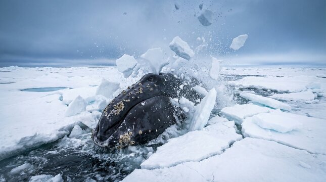 Bowhead whale breaking drift ice with its head