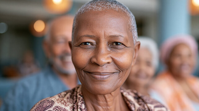  Retrato de uma mulher idosa negra feliz sorrindo em uma casa de repouso com amigos ao fundo