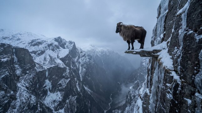 Himalayan tahr on a steep snowy cliff
