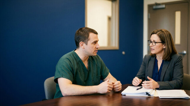 Male nurse and female manager discussing patient care in office  