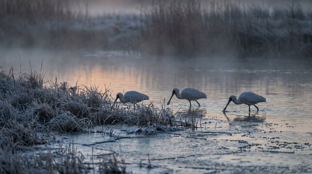 Black-faced spoonbill in a foggy brackish water area