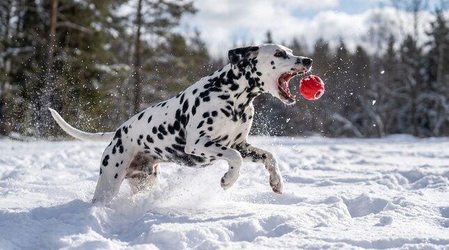 Dalmatian and red ball running in a snowfield