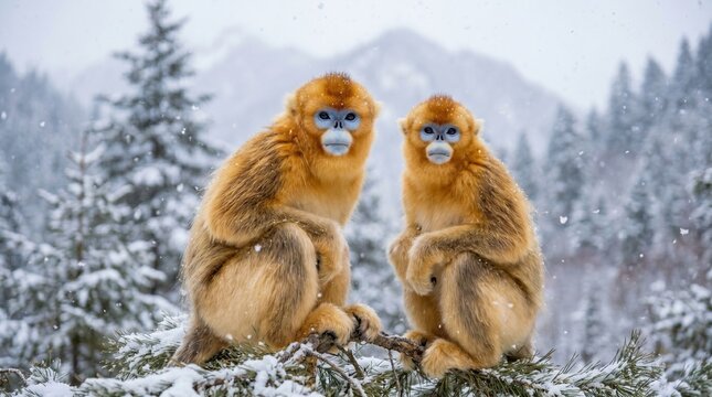 Golden snub-nosed monkey sitting in a snowy tree