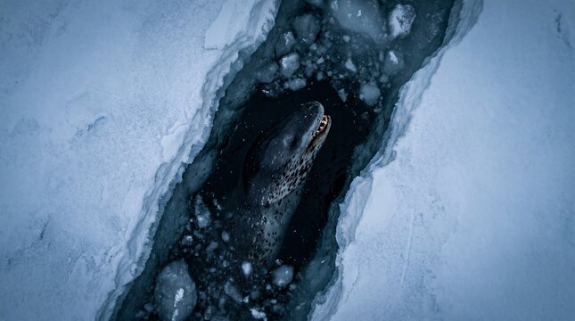 Leopard seal popping out of an ice crack