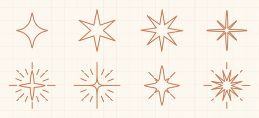 Vector set of eight geometric star shapes in brown on a grid background.