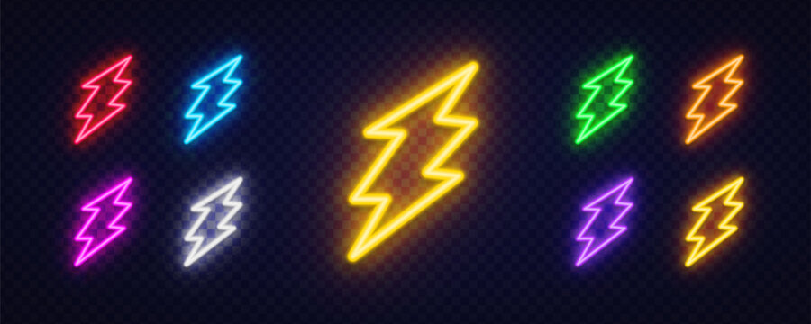 Set of 9 neon glowing wide lightning bolt icons in yellow, red, blue, green, orange, pink, purple and white on dark transparent background