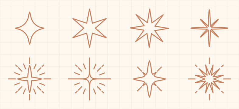 Vector set of eight geometric star shapes in brown on a grid background.
