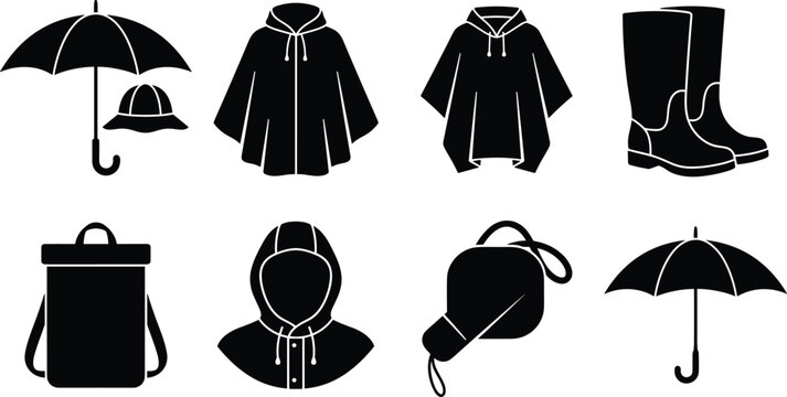 Rainy weather gear and waterproof apparel protective clothing black solid silhouette vector icon set
