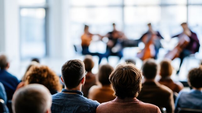 audience members watching a classical quartet perform on stage at a concert