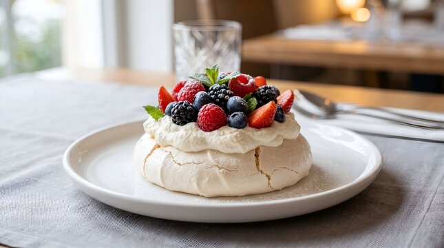 Pavlova dessert with berries and cream food photography