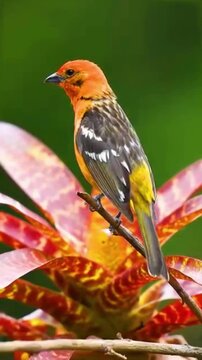 Bright orange tanager bird perched on a vibrant tropical bromeliad plant