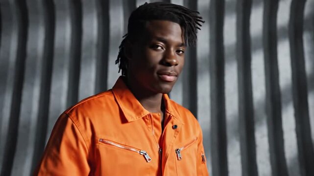 Confident young man in orange jumpsuit standing