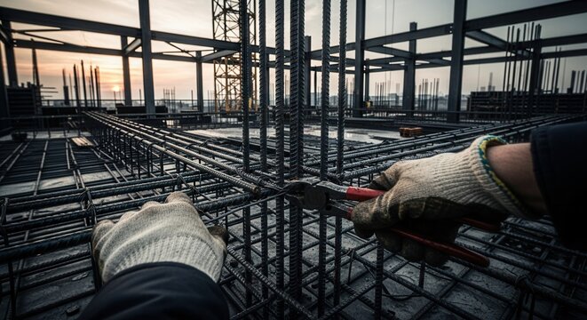 Construction Worker Securing Rebar Framework With Pliers At Sunset