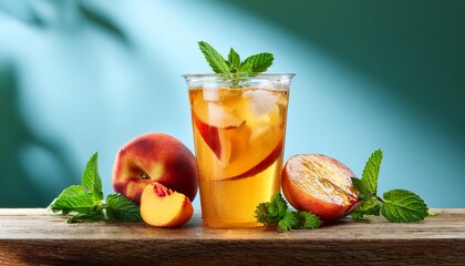 Fototapeta premium Refreshing Summer Peach Iced Tea With Fresh Mint And Lemon On Wooden Table