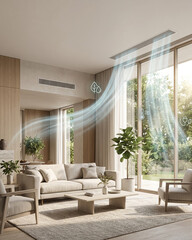 Fototapeta premium Smart home climate control with clean air flow in modern living room