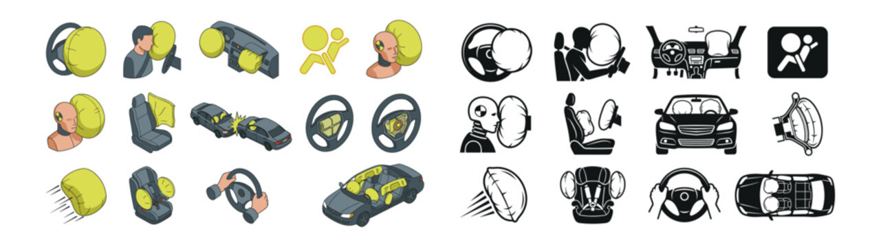 Set of car airbag safety icons in isometric and silhouette styles showing crash test dummy steering wheel and accident protection