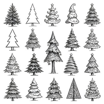 Collection of diverse Christmas tree illustrations in various styles.