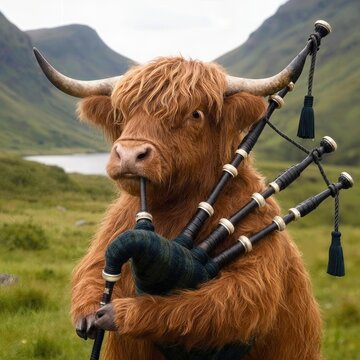 A Highland cow humorously plays the bagpipes in a lush green valley, its shaggy coat and large horns adding to the unique scene