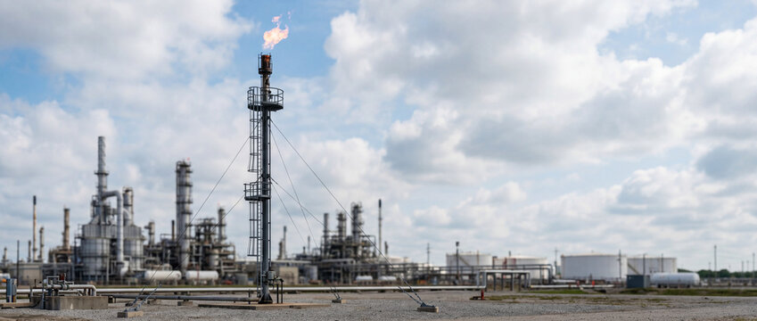Oil refinery with flare stack and industrial gas processing plant under cloudy sky