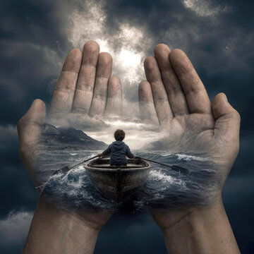 A little boy sits in a rowboat on stormy water, guided by a pair of adult hands