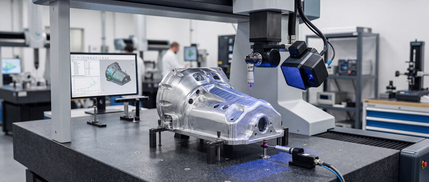 Automated coordinate measuring machine (CMM) scans an aluminum engine housing on a granite table in a high-tech manufacturing lab