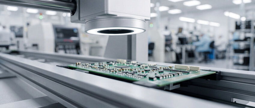 Automated circuit board inspection in high-tech electronics manufacturing facility with machine vision system