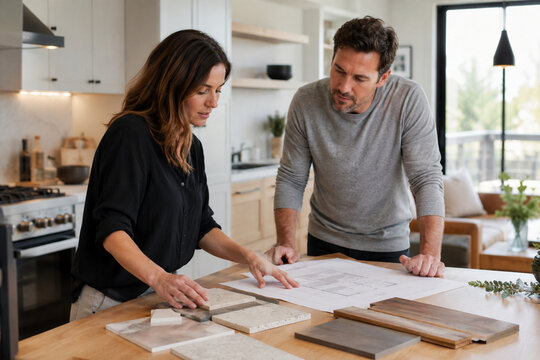 Couple Reviewing Floor Plan Blueprints Material Samples Kitchen Interior Design Consultation