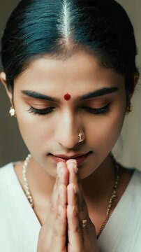 Young Indian Woman in Prayer with Traditional Jewelry and Bindi - Spiritual Meditation and Respectful Gesture Portrait