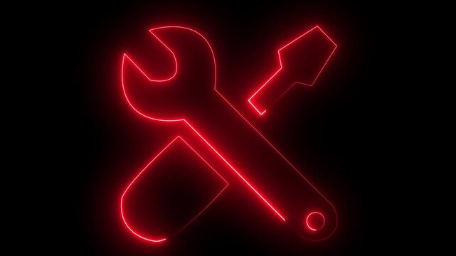 glowing neon red color setting animation icon circle animated on black background. Repair and maintenance symbol for technology, software and service. 4k video...
