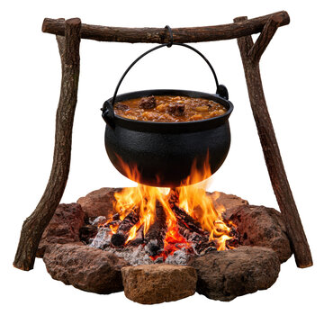 Black cauldron hanging on a tripod above a cooking fire and filled with hearty stew, outdoor camp cooking setup isolated on transparent background
