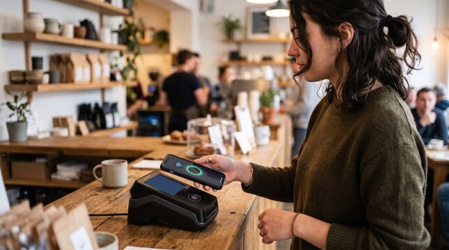 Close-up image of a woman paying for a coffee with her smartphone using a contactless card reader in a cafe, with a blurred background of people and shelves