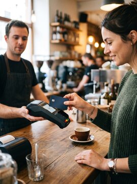 A woman is paying with a credit card at a counter in a coffee shop, the barista is holding the card reader
