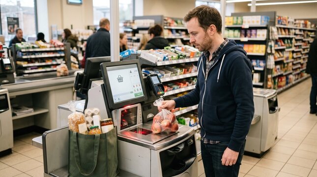 Man using self-checkout machine in a grocery store, weighing produce, with other shoppers and stocked shelves in background