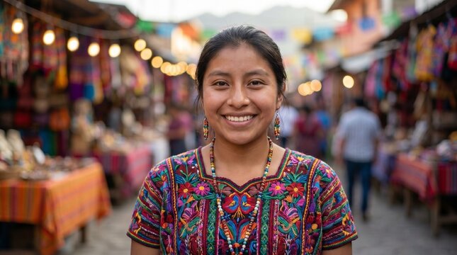 Immigrant's Day A young indigenous woman wearing a vibrant, colorful embroidered shirt and beaded necklace smiles warmly at the camera.