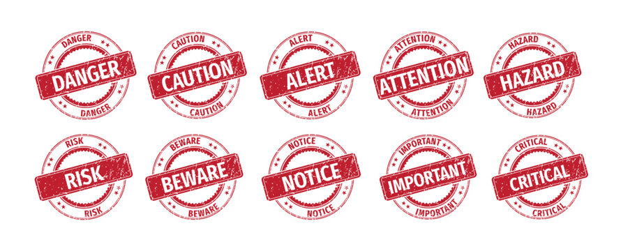 Red Grunge Warning Stamp Set Vector &ndash; Danger, Caution, Alert, Attention, Hazard, Risk, Beware, Notice, Important, Critical Labels Collection of warning and alert stamps.