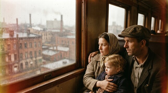 Immigrant's Day A family watches the industrial landscape pass by from a train window. The mother holds her child close as they both gaze out at the passing city, with the father beside them.