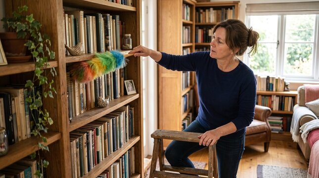 Woman dusting bookshelves in a cozy, sunlit room, filled with books and plants