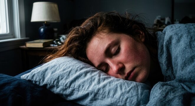 Young Woman Sleeping Peacefully In A Dimly Lit Bedroom At Dusk