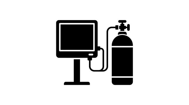 Silhouette icon of medical ventilator with oxygen cylinder on white background
