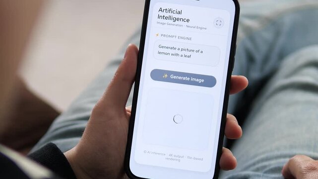 User generates AI art on smartphone. Close-up of text-to-image prompt lemon with leaf. Sequence shows prompt input, loading spinner, and final rendering. Essential for tech innovation and creative