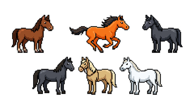 Pixel art horses: diverse set of cartoon horse characters